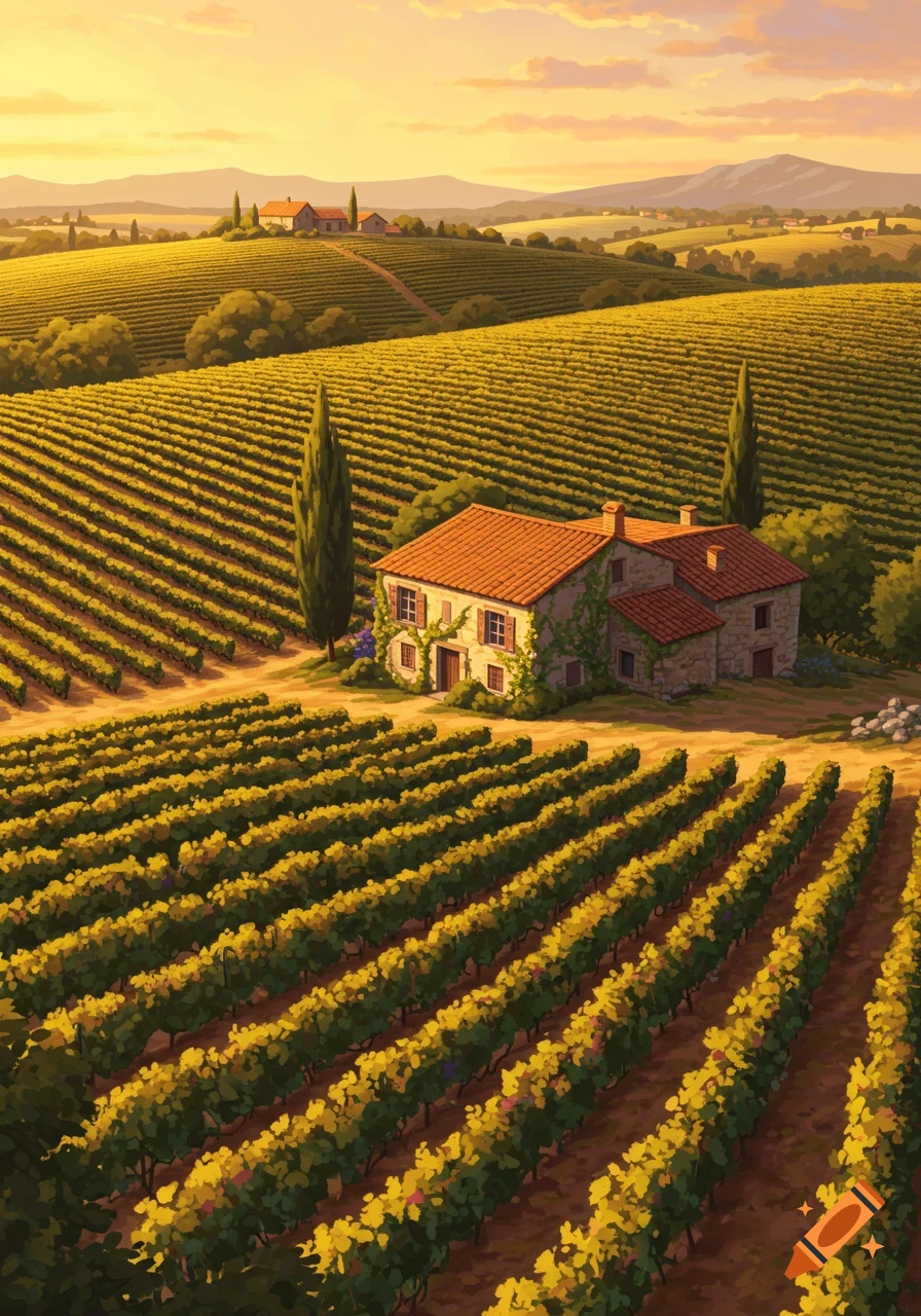 A stylized painting of a sprawling French vineyard with a stone house and cypress trees under a warm, golden sky at sunset.