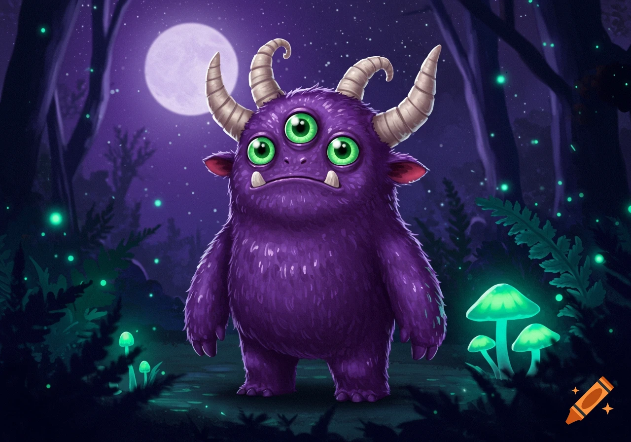 A cute purple monster with three green eyes and four horns stands in a magical glowing forest at night under a full moon.