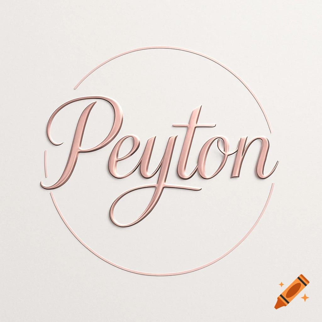 A rose gold embossed logo with the name 'Peyton' in a script font, encircled by a thin rose gold ring, on a light cream background.