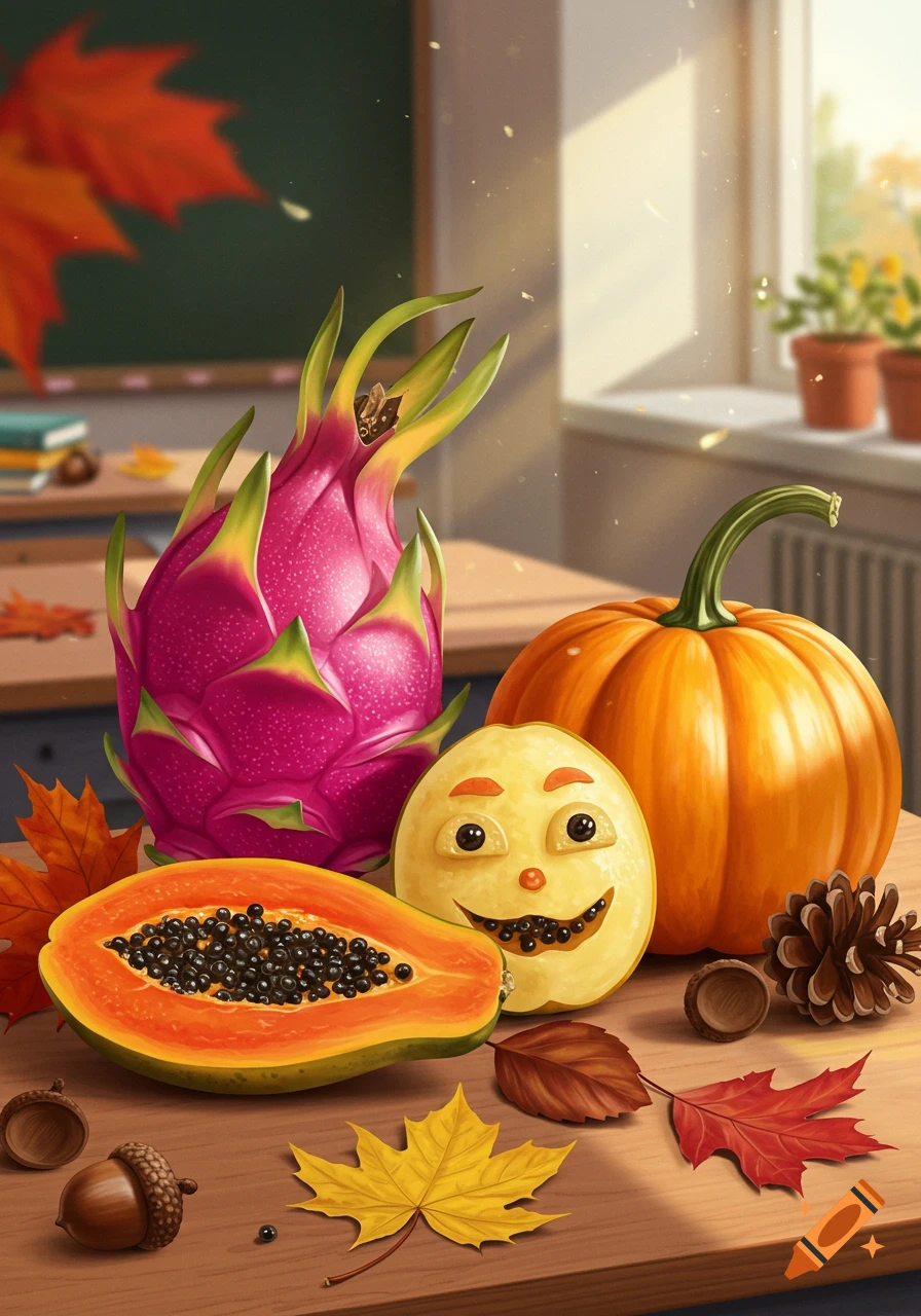 A vibrant still life in a classroom, featuring a pink dragon fruit, a yellow pumpkin, a smiling yellow fruit character, and a halved papaya with seeds, all surrounded by colorful autumn leaves and acorns on a wooden desk.