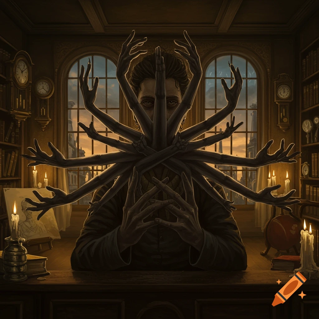 A surreal, dark fantasy image of a person with many skeletal hands obscuring their face, at a desk in a shadowy library.