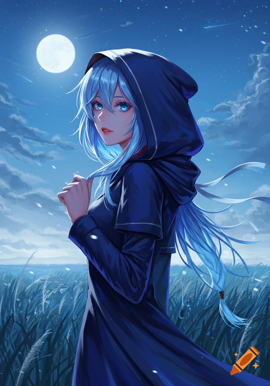 An anime girl with blue hair and glowing blue eyes in a dark hooded cloak looks over her shoulder in a moonlit field under a starry night sky.