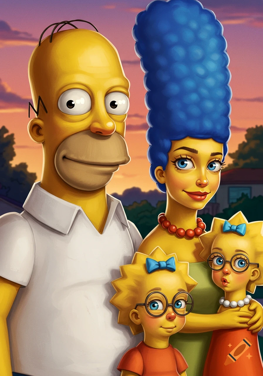 Stylized, human-like rendition of Homer, Marge, and two baby characters from The Simpsons, set against a sunset sky.