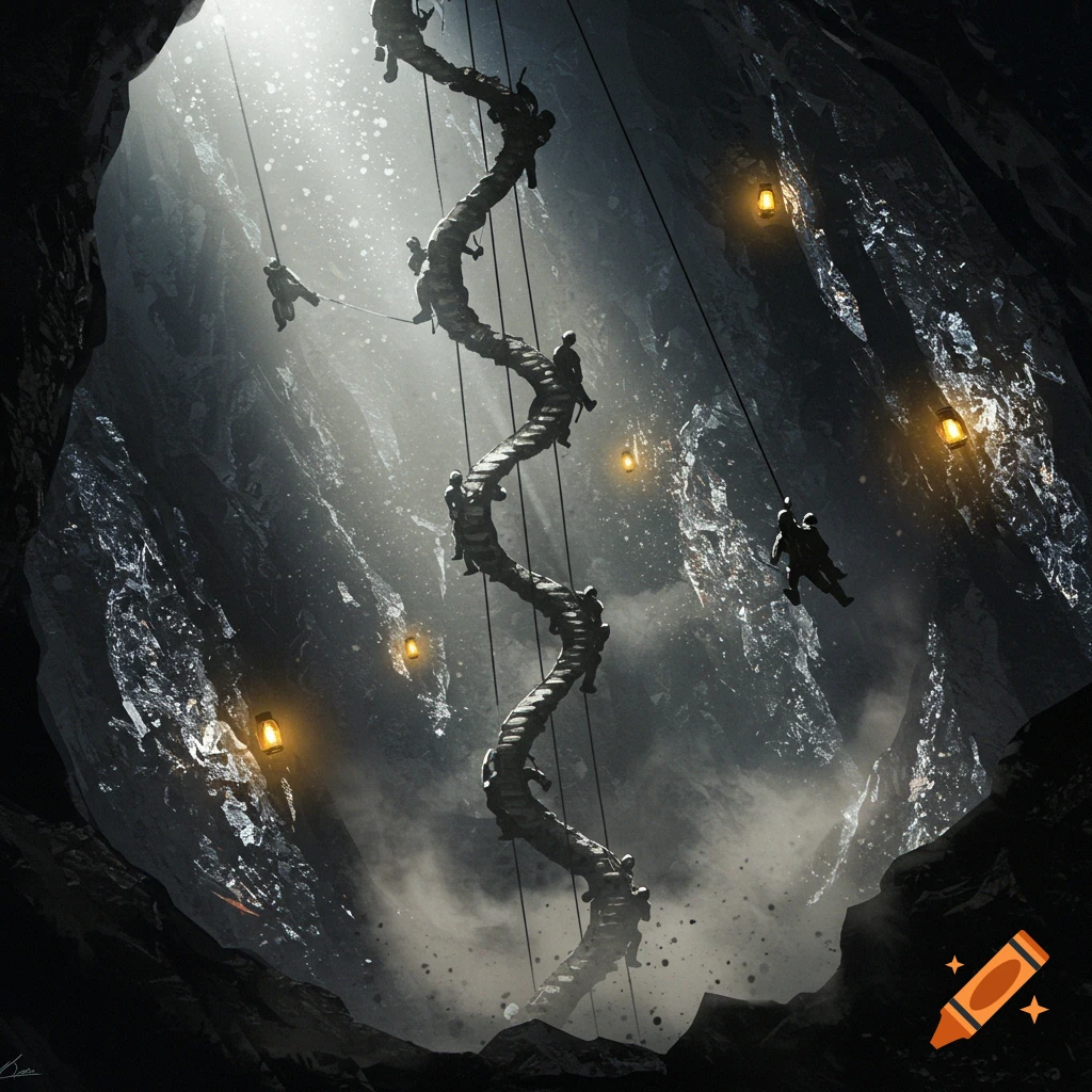 Fantasy art of tiny figures climbing a winding ladder in a vast, dark cave, illuminated by lanterns and light from above.