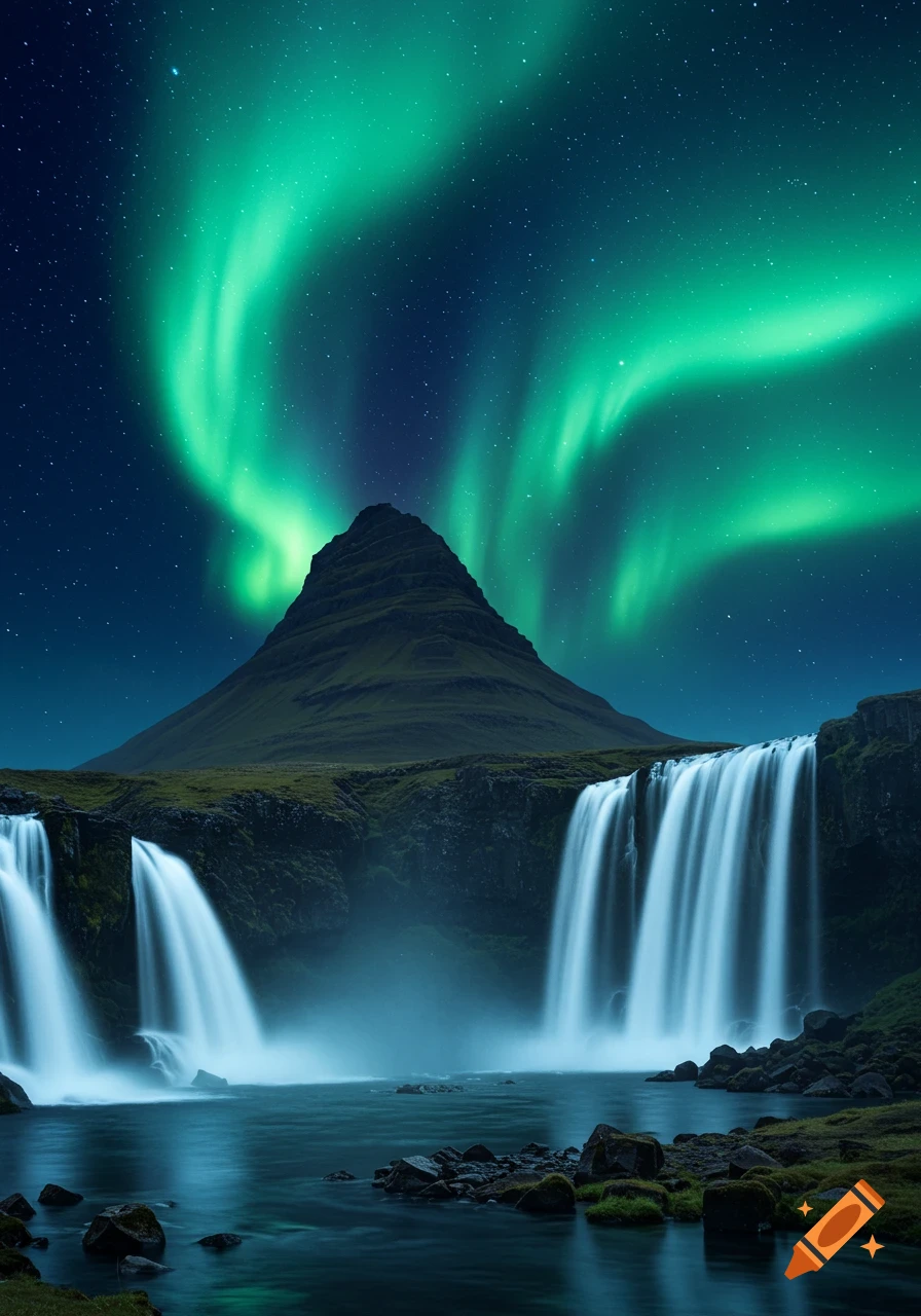 Photorealistic landscape of a mountain, multiple waterfalls, and vibrant green aurora borealis in the night sky.