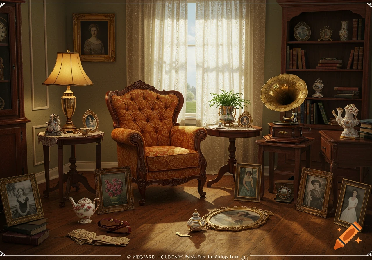 A detailed, photorealistic image of a vintage room filled with antique furniture like an ornate armchair, gramophone, lamps, and framed portraits.