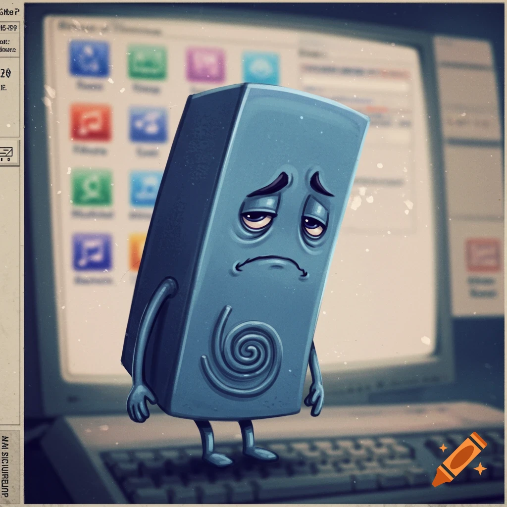 A sad, blue, rectangular cartoon character with arms and legs stands in front of an old computer screen with icons and a keyboard, in an illustrative style.