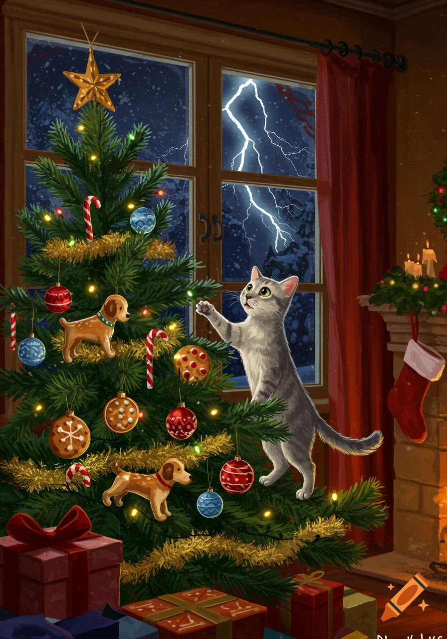 An illustration of a gray cat on a decorated Christmas tree, with dog ornaments and presents, as lightning strikes outside.