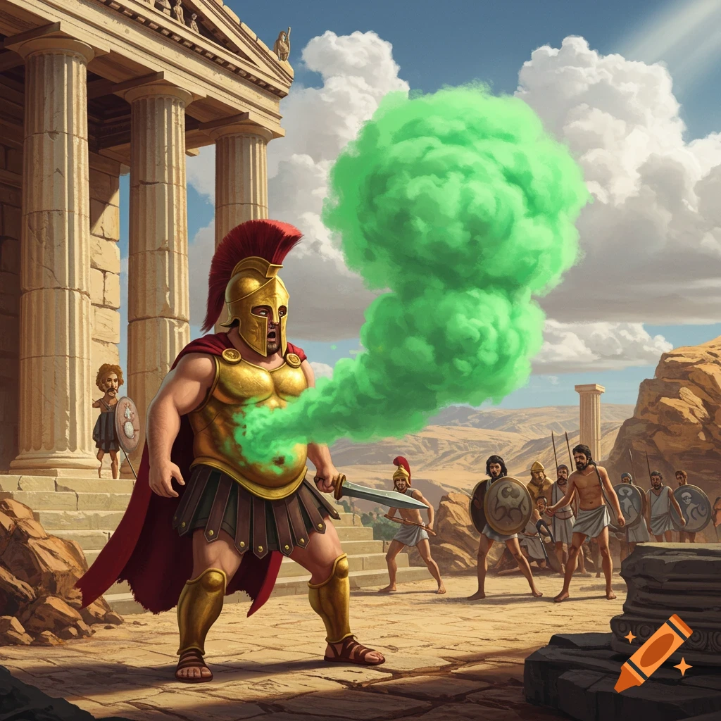 A fat Spartan warrior in golden armor and a red cape farts a large green cloud in front of an ancient Greek temple with other warriors in the background.