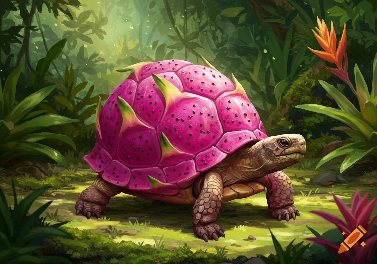 A fantasy turtle with a vibrant pink dragonfruit shell walks through a lush jungle, depicted in an art style.