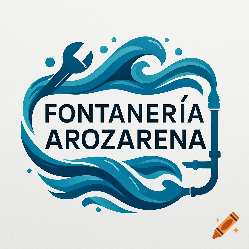 Blue and white logo for Fontanería Arozarena with text, a wrench, and abstract waves flowing into a pipe.