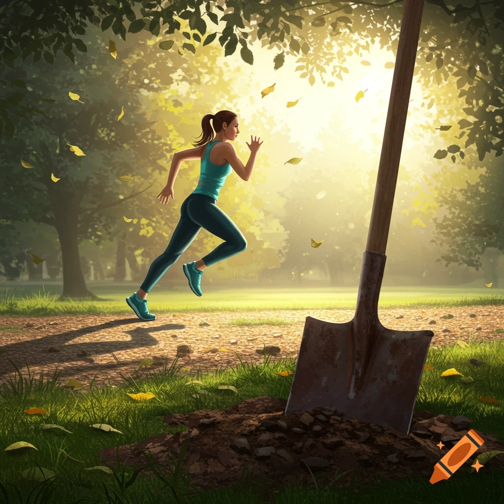 A woman runs on a dirt path in a sunlit park with falling leaves, a shovel stuck in a pile of dirt nearby.