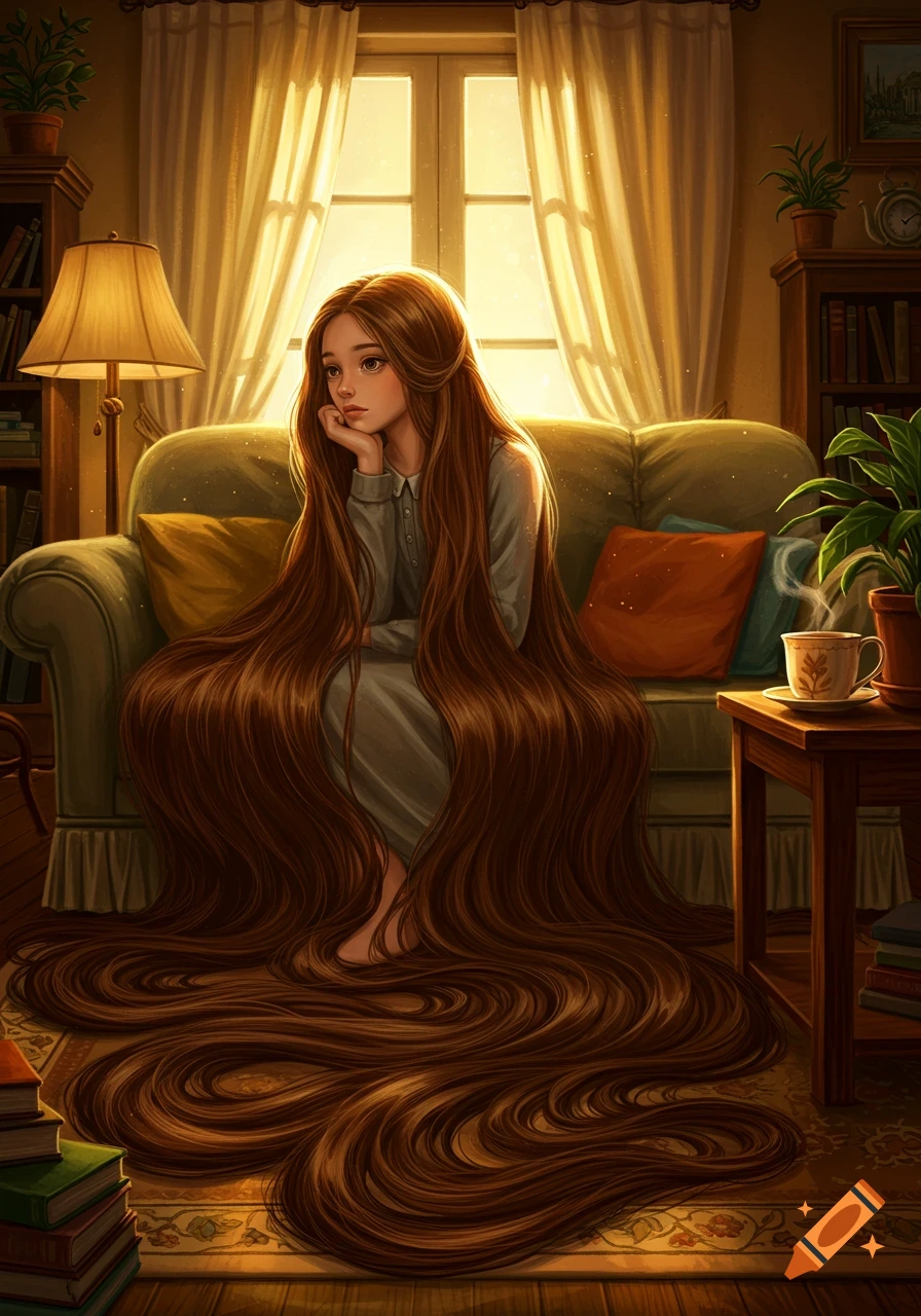 Illustrated portrait of a girl with extremely long brown hair spilling across a cozy living room floor, lit by sunlight.
