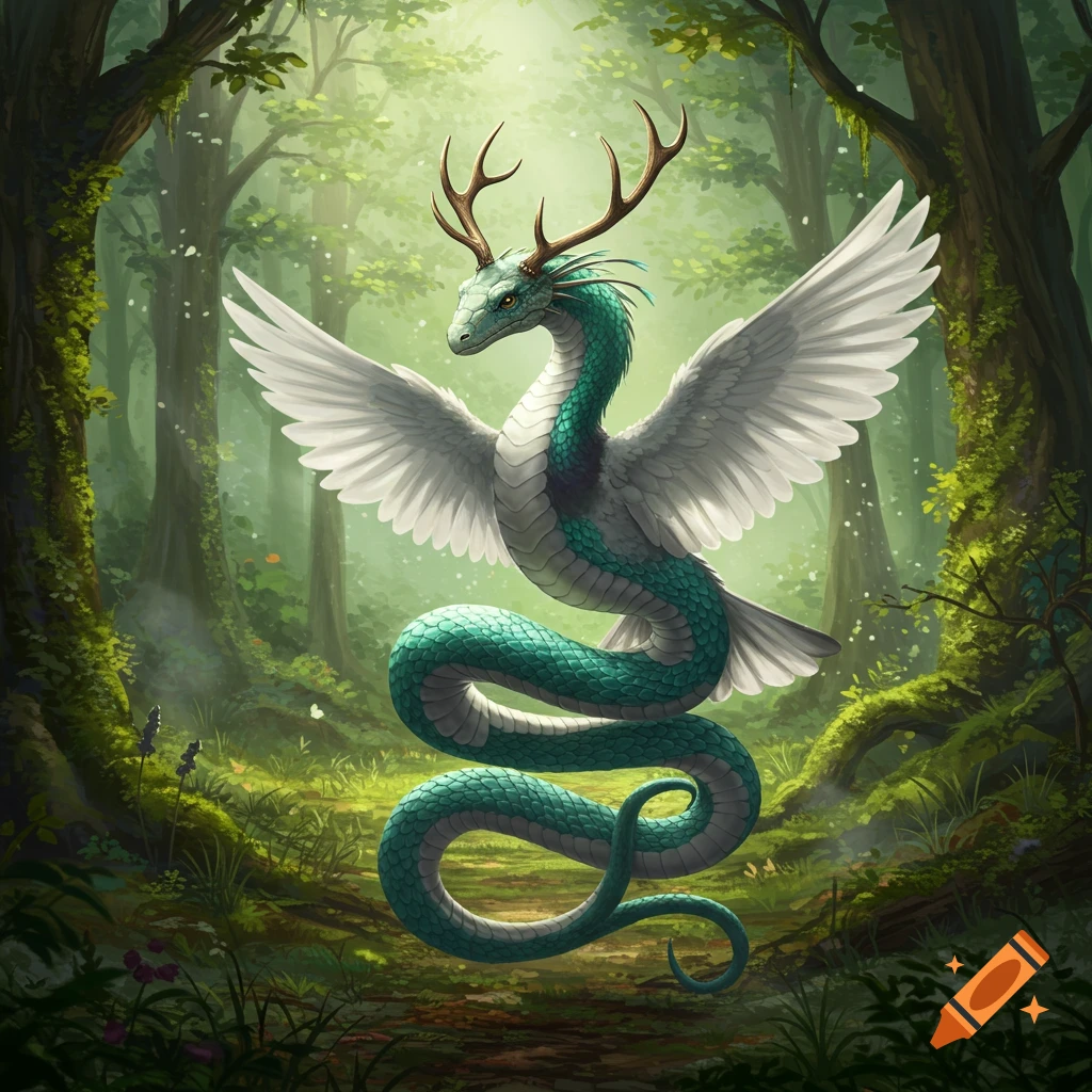 A majestic teal and white winged snake with deer antlers stands in a sunlit forest clearing.