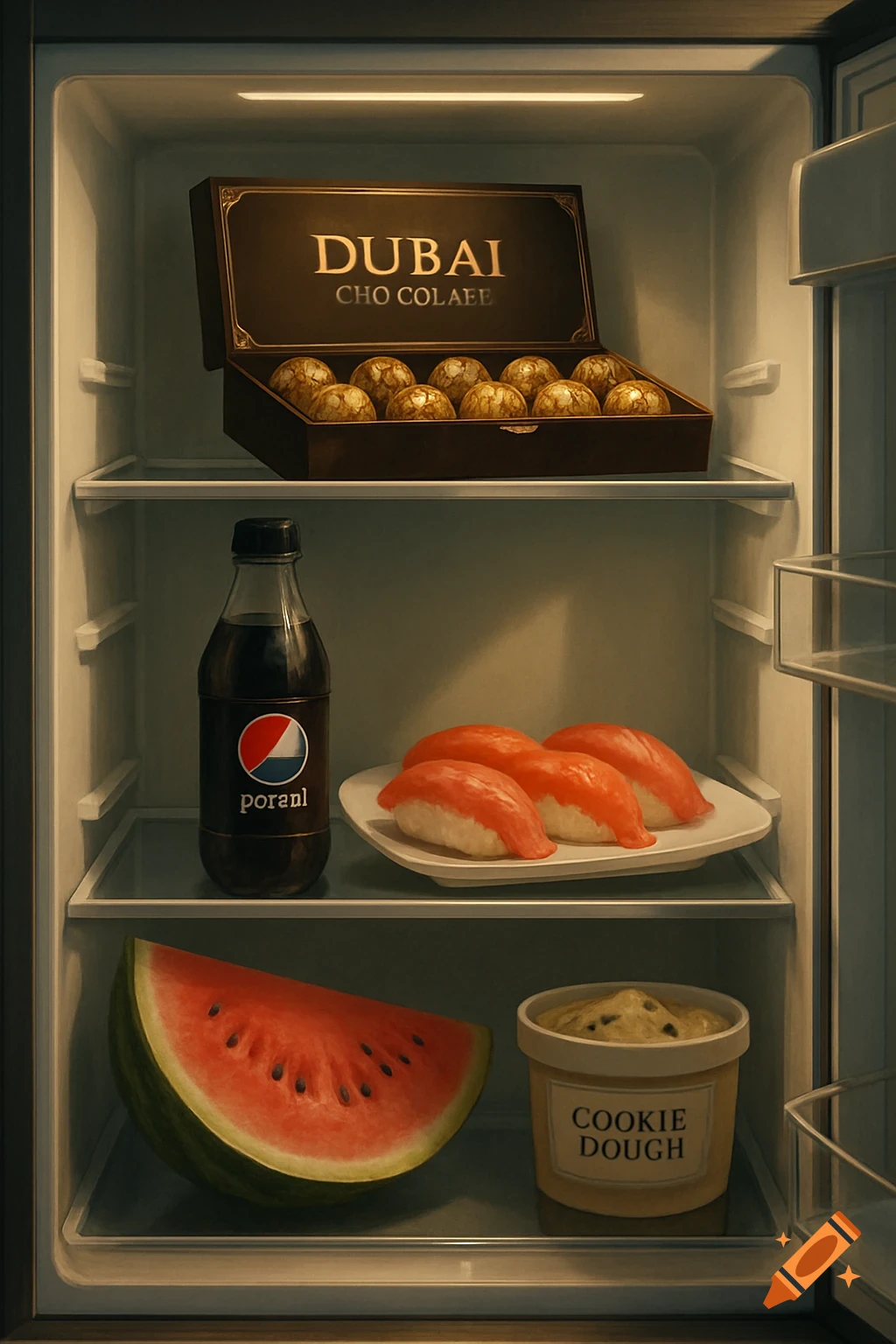 An open refrigerator showing a box of Dubai chocolates, a Pepsi-like soda bottle, four pieces of nigiri sushi on a plate, a slice of watermelon, and a container of cookie dough.