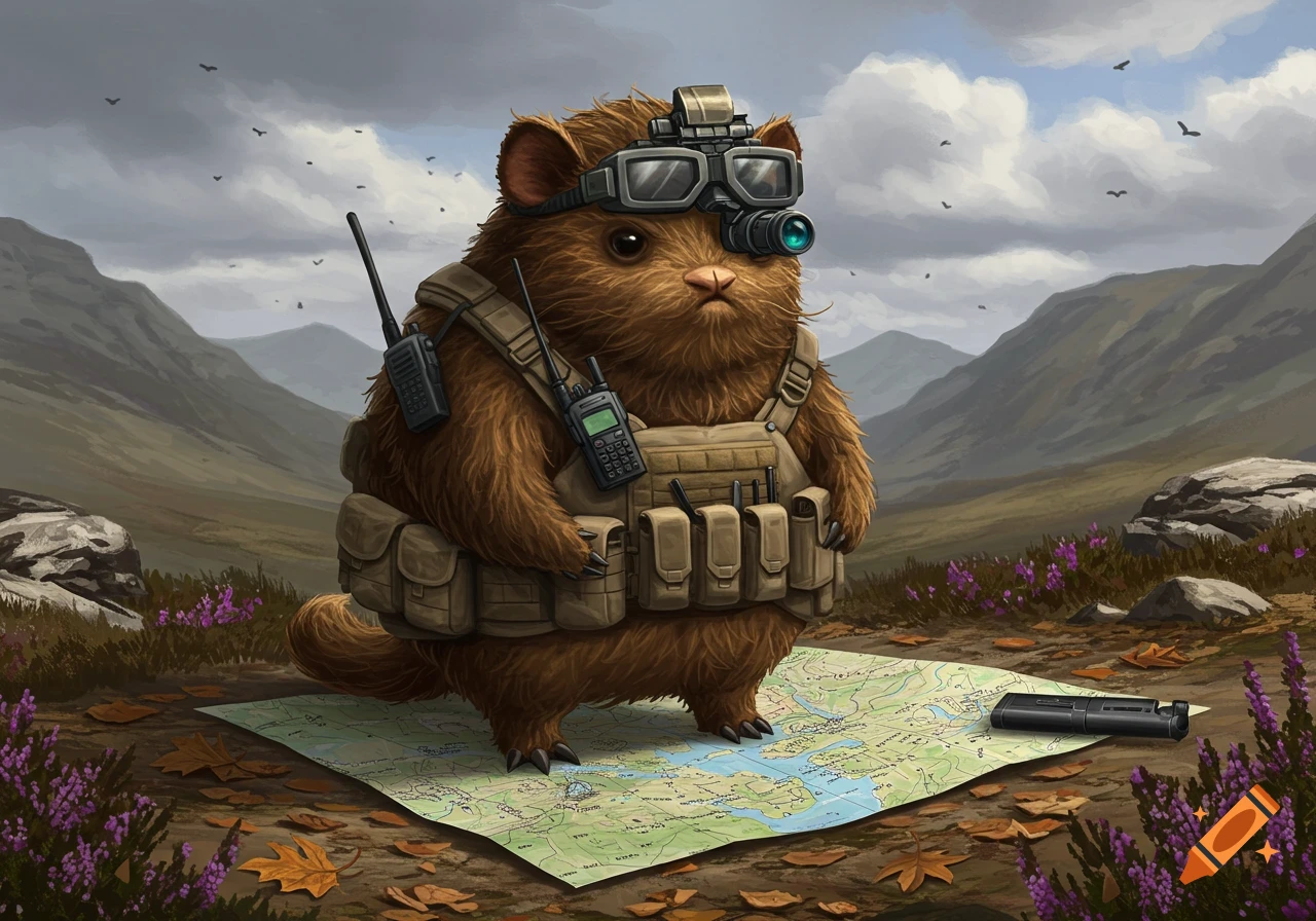 A fluffy brown creature in tactical gear and night vision goggles stands on a map in a mountain landscape.