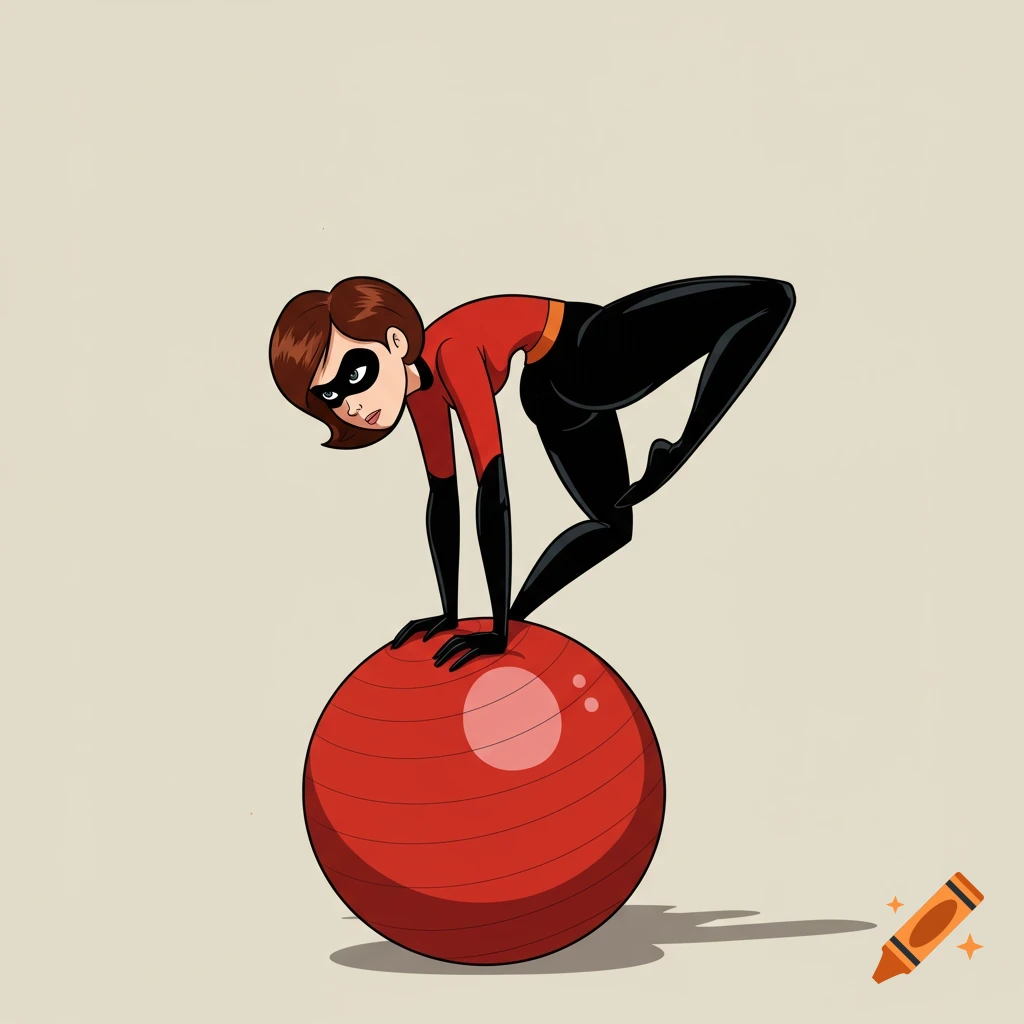 Elastigirl balances on a red exercise ball in a frog-like pose, looking over her shoulder in a 2D cartoon style.