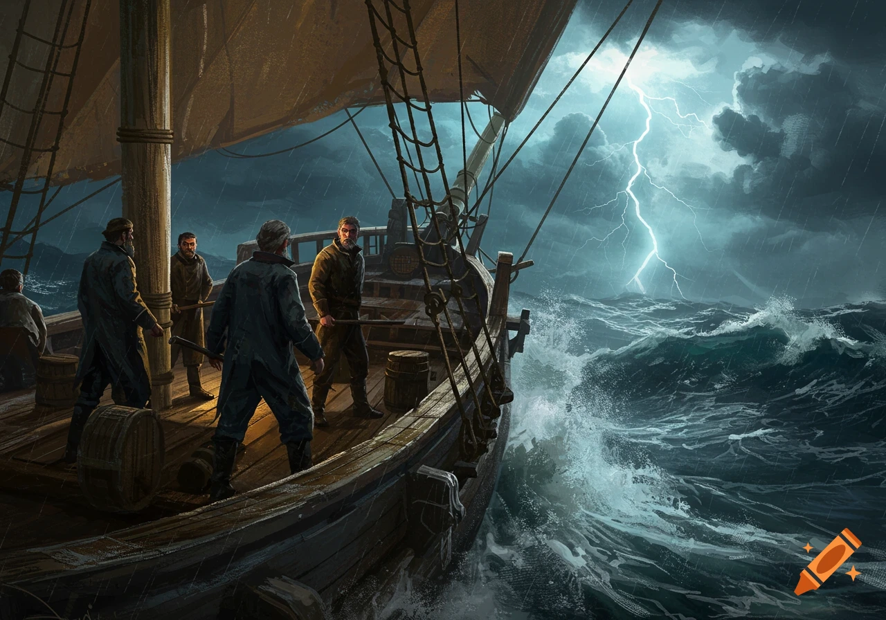 Sailors on a wooden ship face a raging storm with massive waves and lightning in a dark, cloudy sky. Realistic painting.