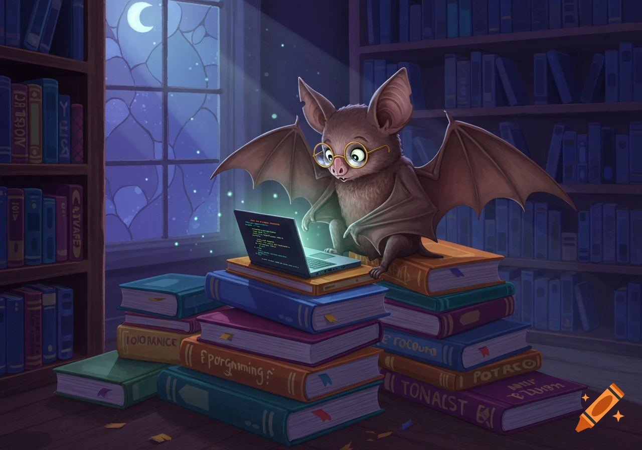 A cute cartoon bat wearing glasses sits on a pile of books, typing on a laptop with glowing code on the screen in a cozy library at night.