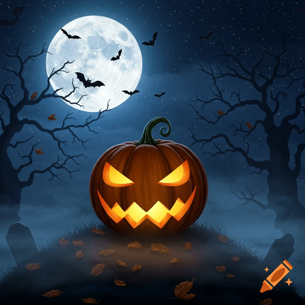 A spooky Halloween illustration of a glowing jack-o'-lantern, bare trees, bats, and a full moon in a misty night sky.