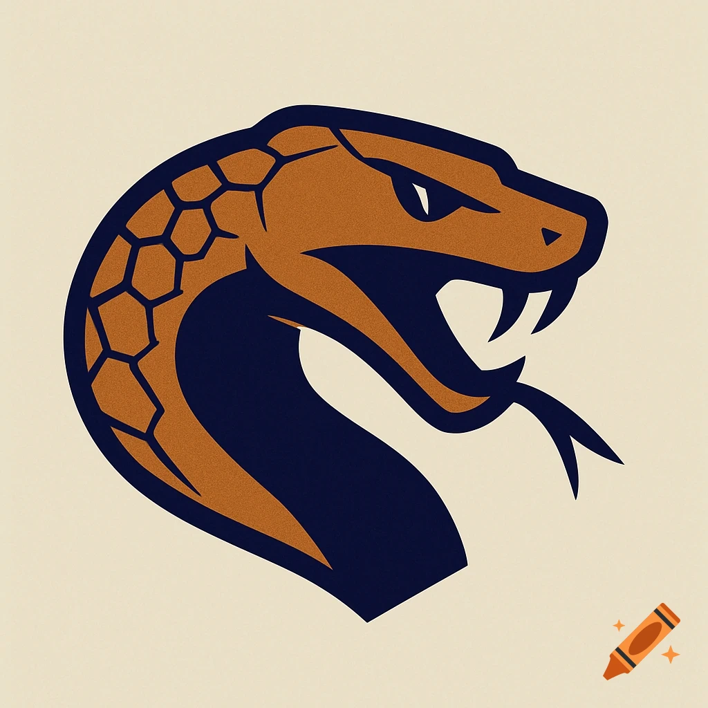 A flat 2D sports logo of a snake's head with a forked tongue, in dark blue and rust-brown colors.