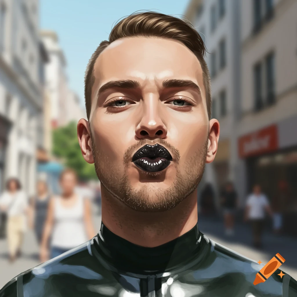 Close-up photorealistic portrait of a man with black lipstick and a latex shirt, making a kissing face on a blurred city street.