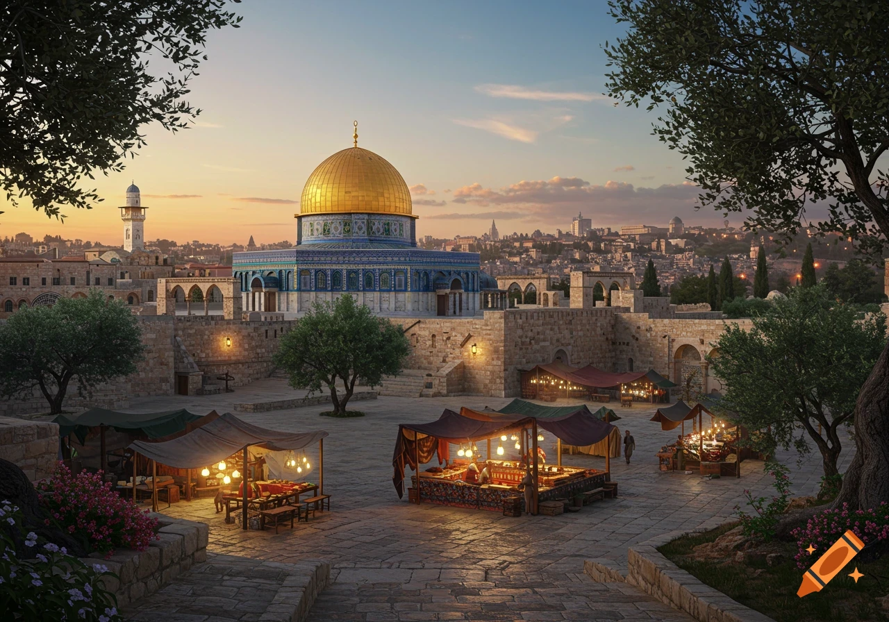 A photorealistic view of the Dome of the Rock and an illuminated market square in an old city at sunset.