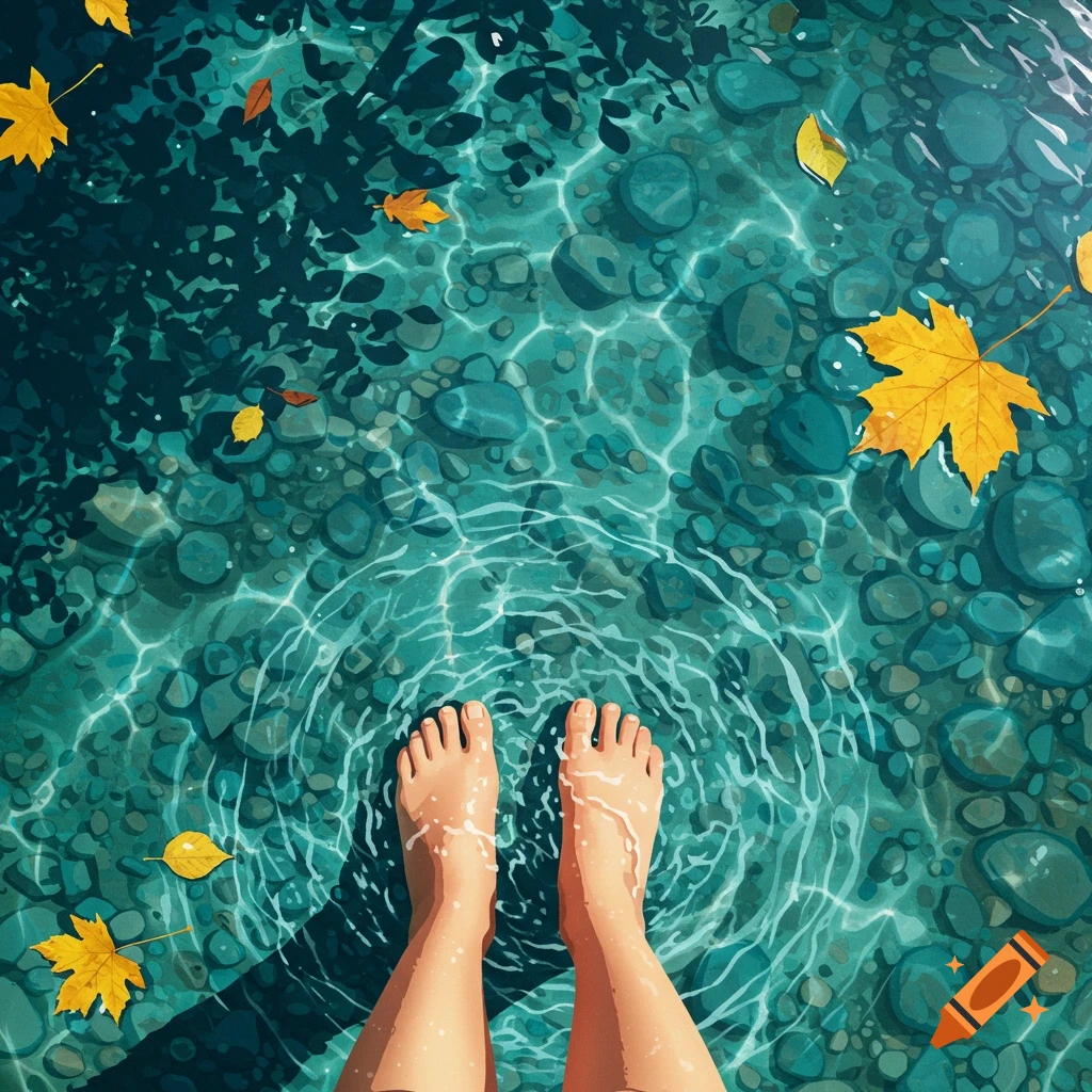 Top-down illustrated view of bare feet submerged in clear, shallow water with rocks and autumn leaves.