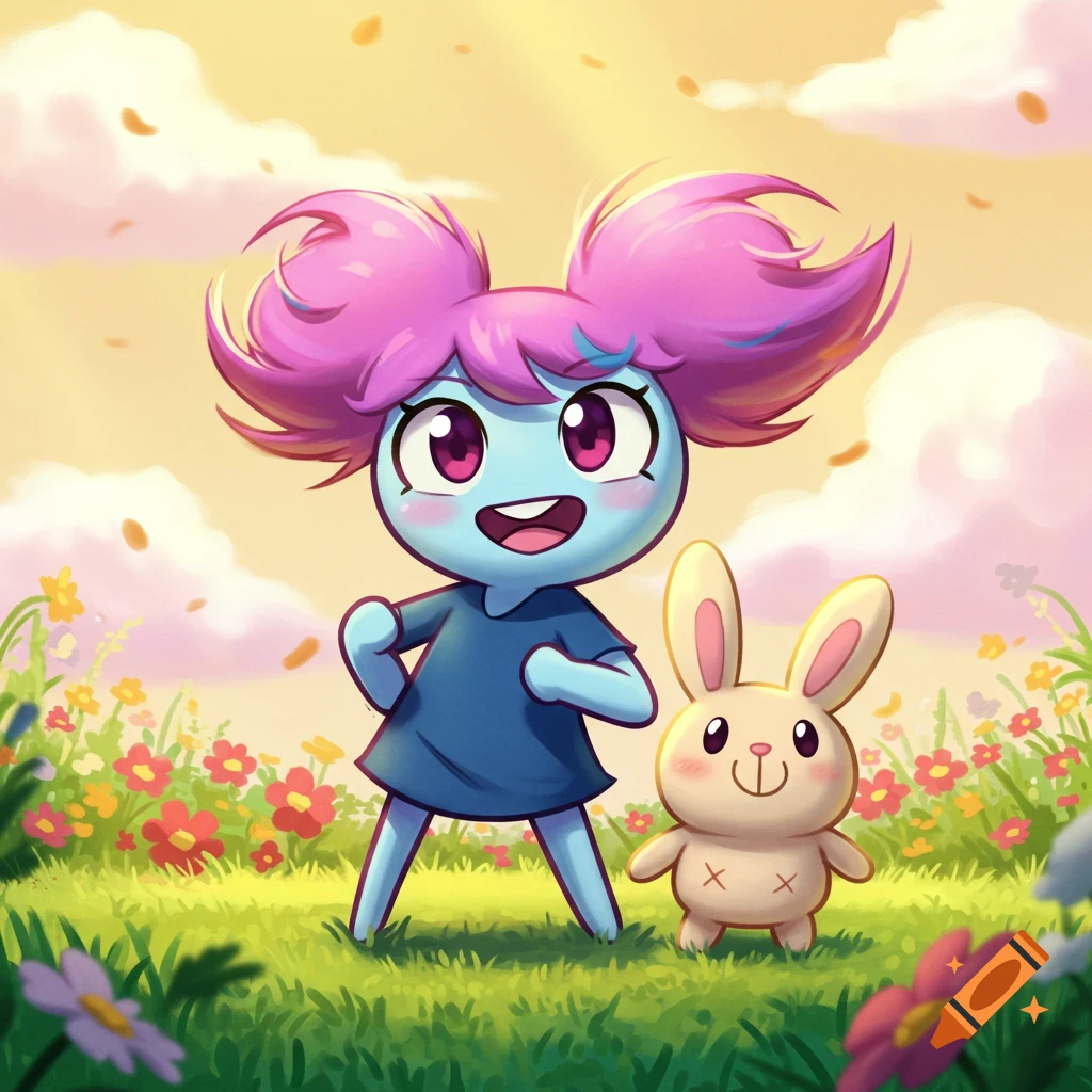 Cartoon Pibby and Bun Bun standing in a colorful flower field under a sunny sky.