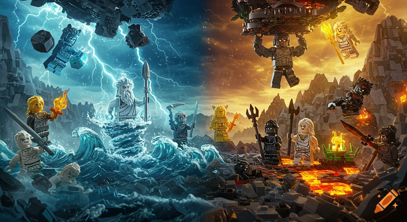 An epic LEGO battle scene split between two realms: blue lightning and stormy water on the left, fiery magma and orange skies on the right, with various minifigures representing gods and titans clashing.