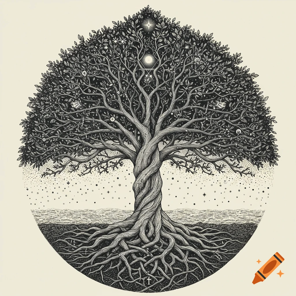 Detailed black and white engraving of a Tree of Life with intricate roots and branches, forming a circular emblem.