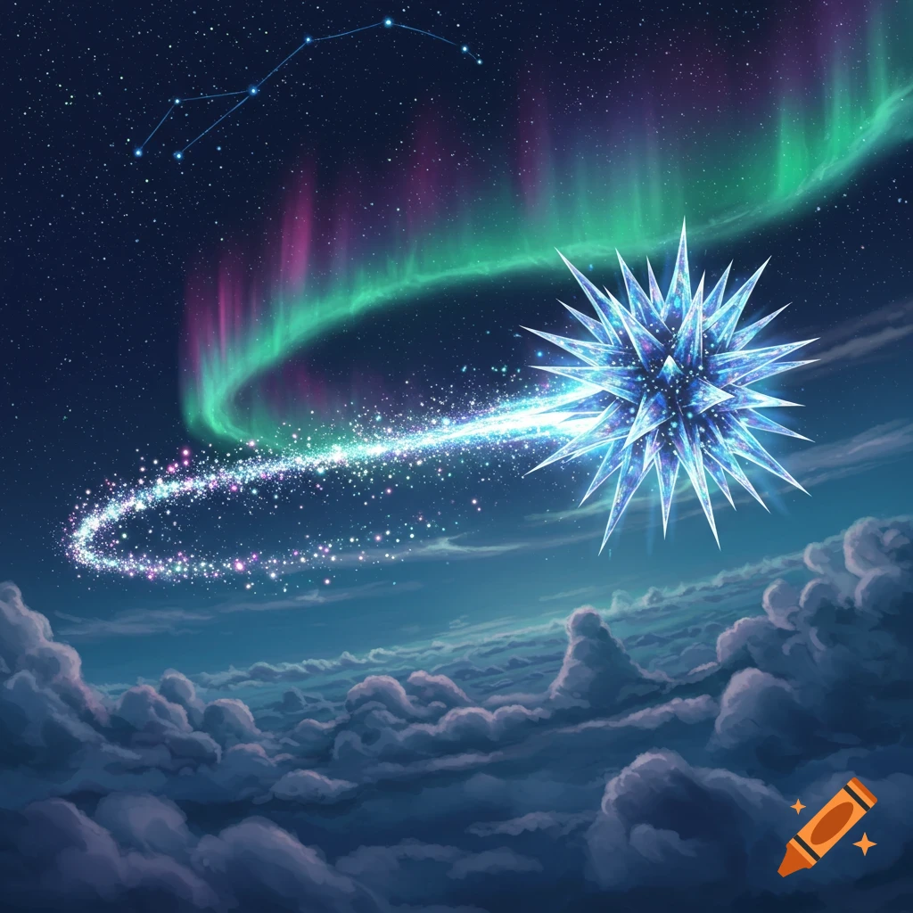 A sparkling crystal star with a glittering trail flies across a starry night sky with a vibrant green and purple aurora and fluffy clouds below.