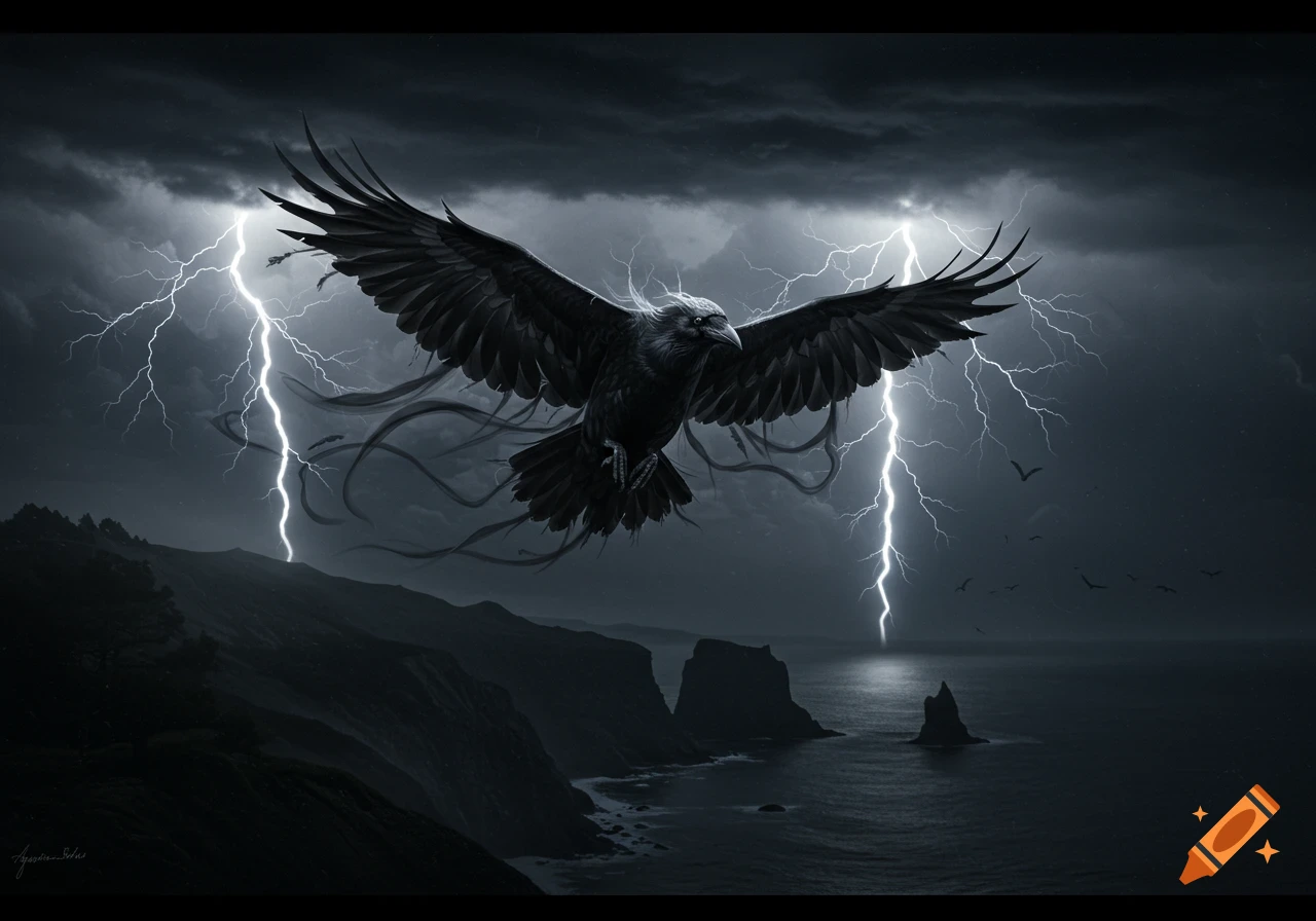 A large dark raven with spread wings flies through a stormy sky with lightning striking over dark cliffs and a rough sea.
