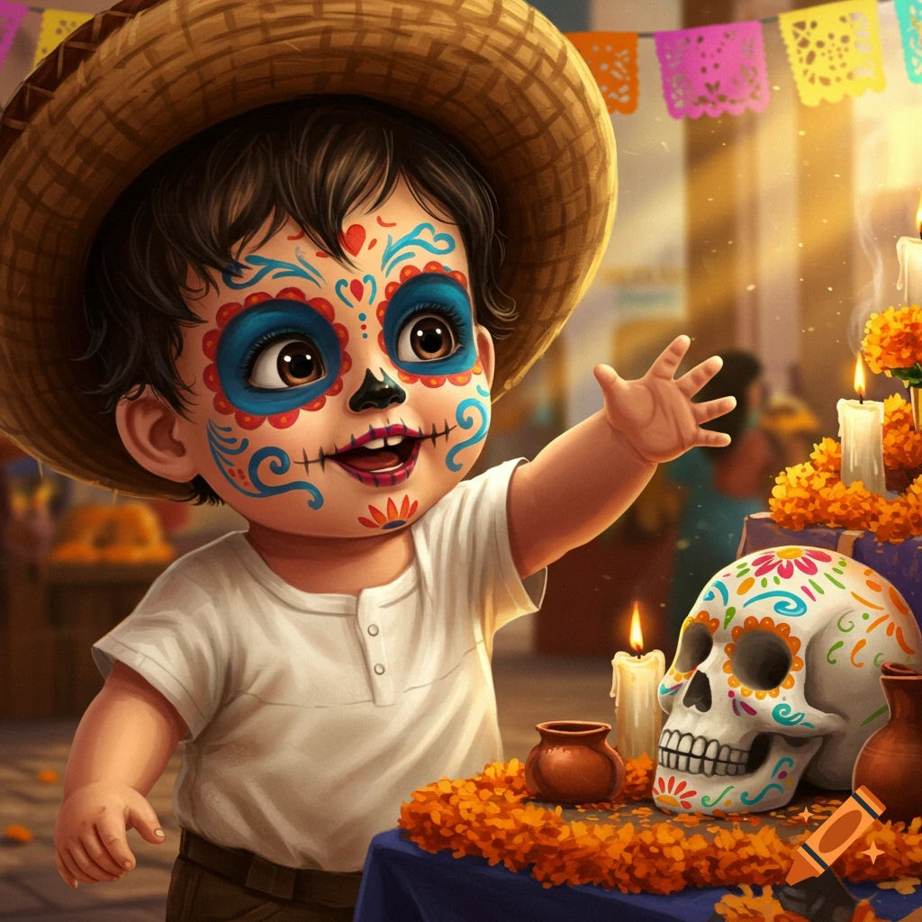 Cute toddler with sugar skull face paint and sombrero reaches out next to a decorated skull and marigolds for Dia de los Muertos.