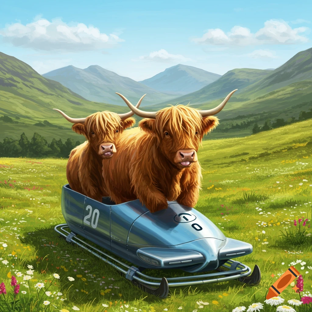 Two fluffy Scottish Highland cows ride in a blue bobsled with numbers '20' and '10' on it, in a vibrant green mountain valley under a blue sky, in a cartoon style.