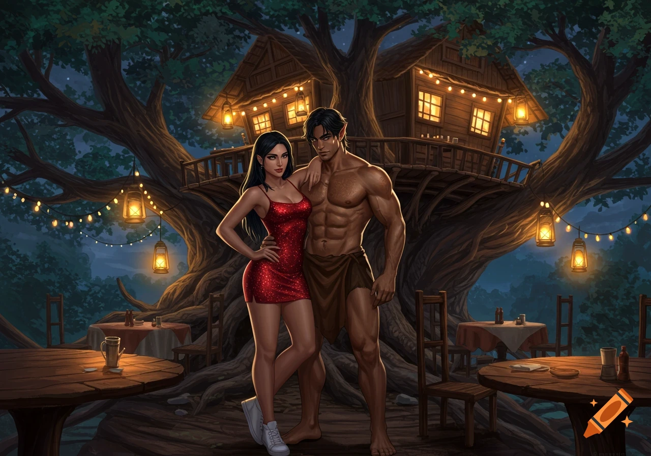 Illustrated fantasy couple, muscular man in loincloth, woman in sparkly red mini dress, in a treehouse restaurant.