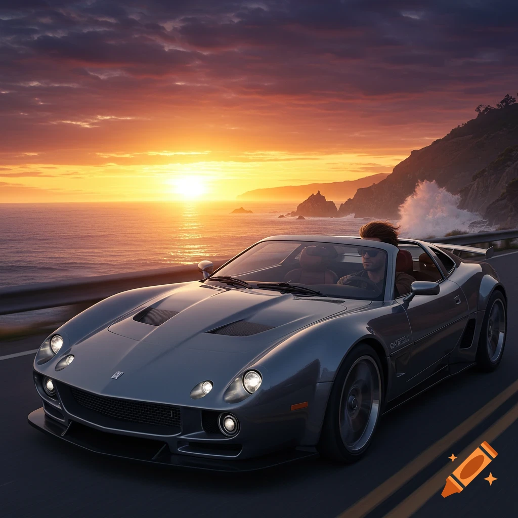 A man drives a gray sports car on a coastal road at sunset, with waves crashing against cliffs.