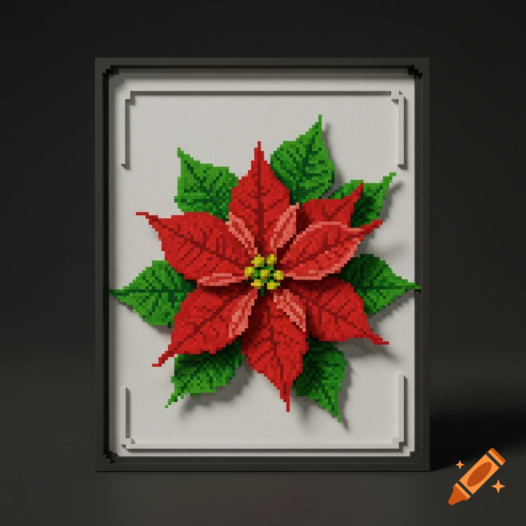 Vibrant pixel art poinsettia with red petals and green leaves, displayed in a frame.