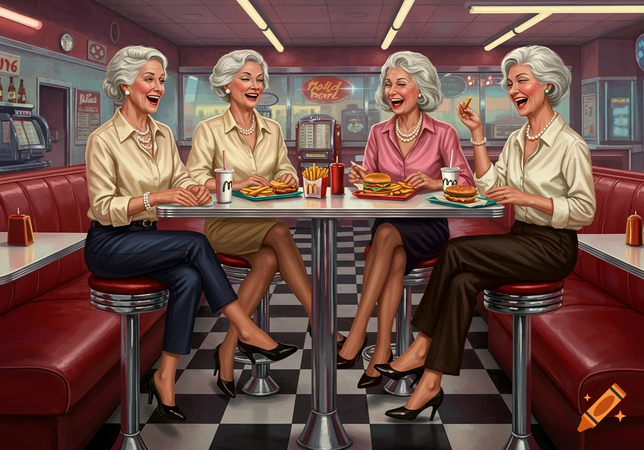 Four older women with grey hair laughing and eating burgers and fries in a retro diner, with red booths and checkered floor.