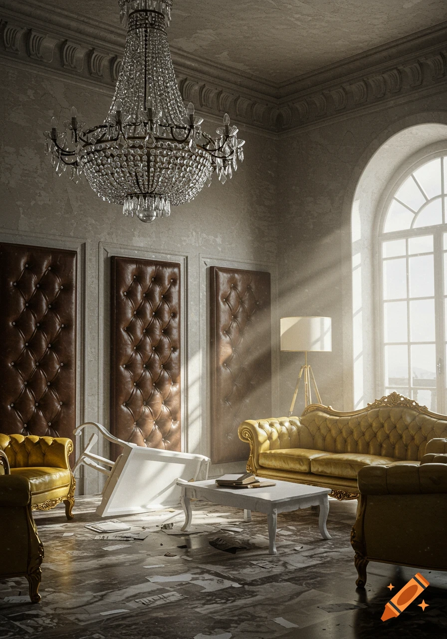 A luxurious, antique room with a grand crystal chandelier, golden tufted sofa, leather wall panels, and an overturned white table on a messy floor with papers scattered around. Sunlight streams through an arched window.