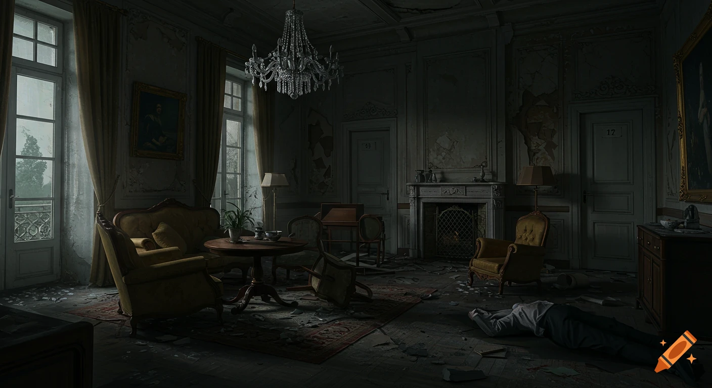 A dark, dilapidated room in an old mansion with scattered debris, antique furniture, a chandelier, and a body on the floor.