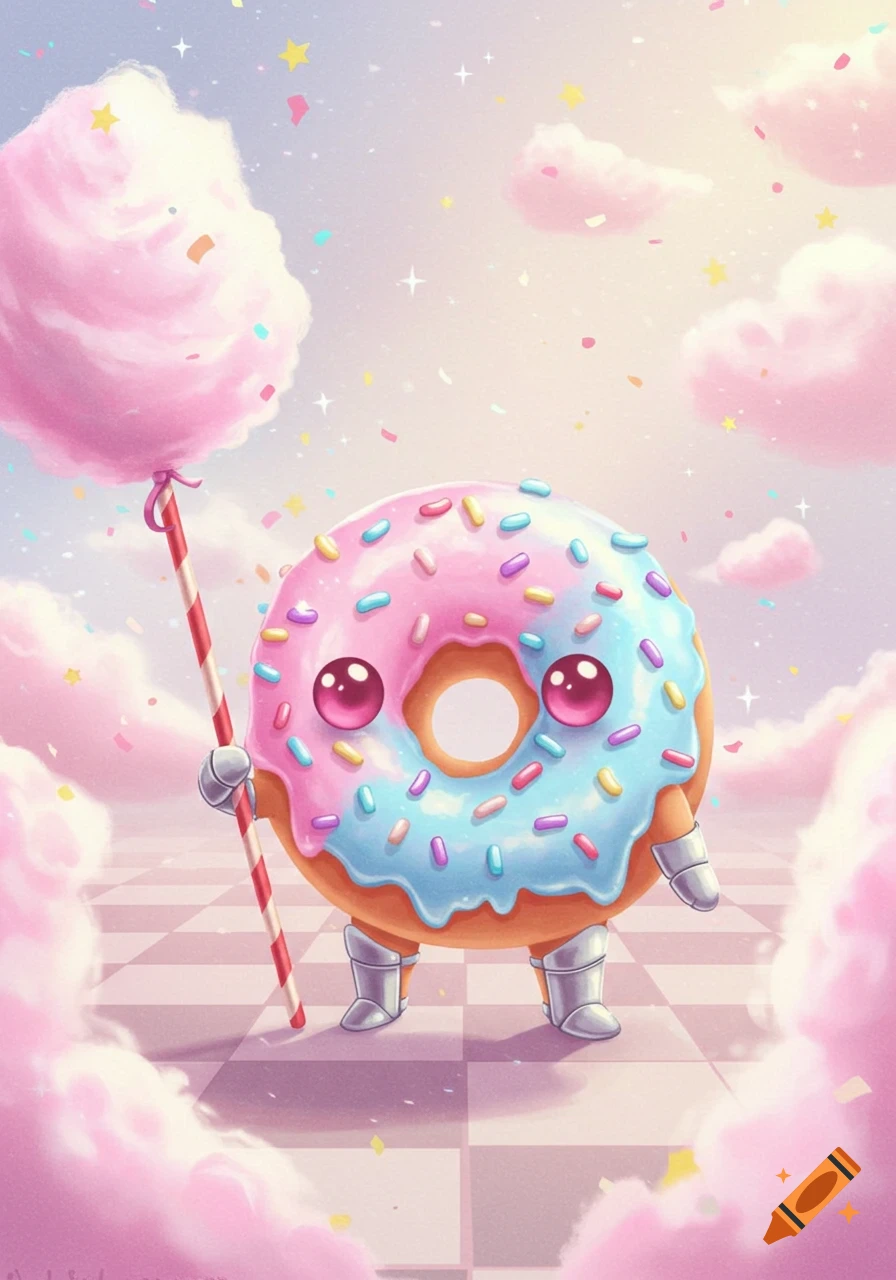 A cute, pink and blue frosted donut character with sprinkles holds a candy cane spear topped with pink cotton candy in a whimsical, cloudy sky setting.