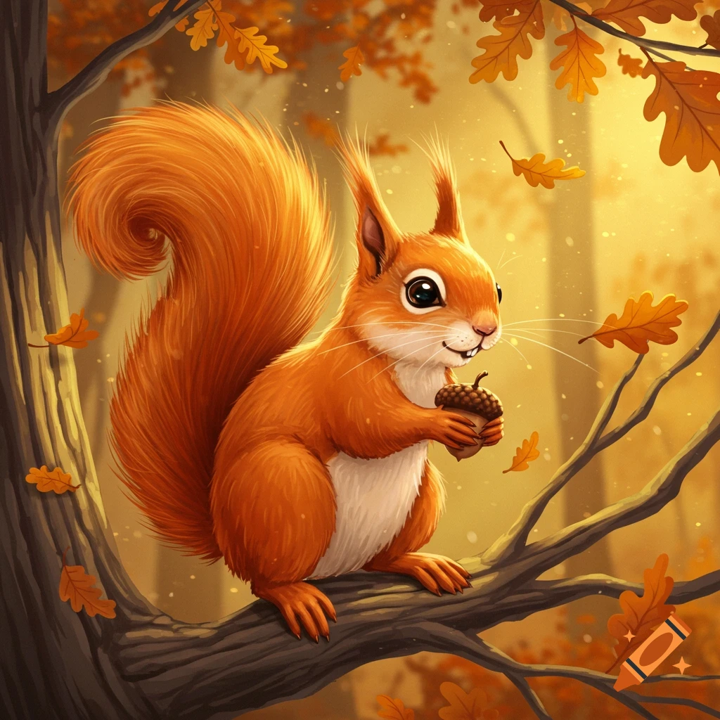A cute orange squirrel sitting on a tree branch, holding an acorn, surrounded by falling autumn leaves in an illustration style.
