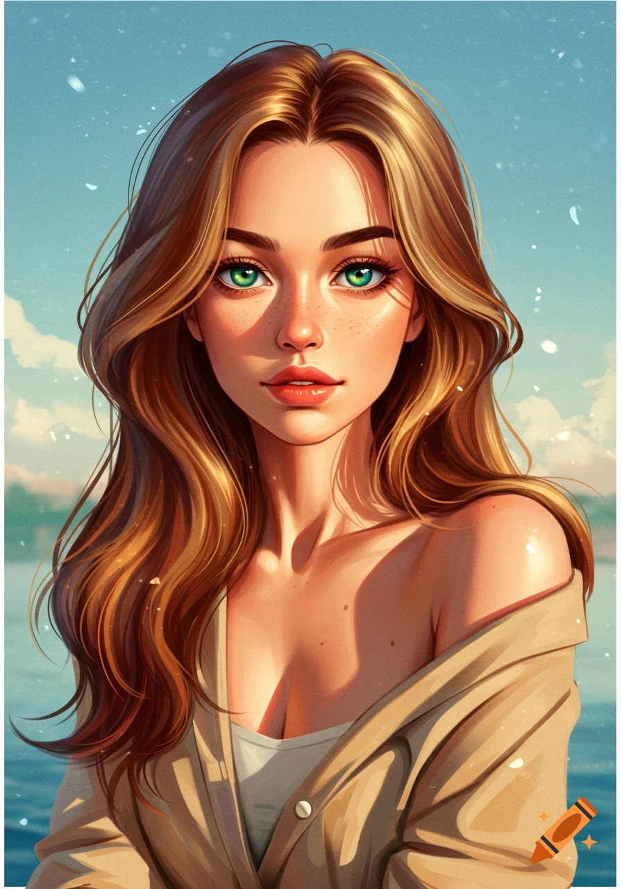 An animated portrait of a smiling woman with long brown hair, green eyes, and freckles, wearing a beige top.