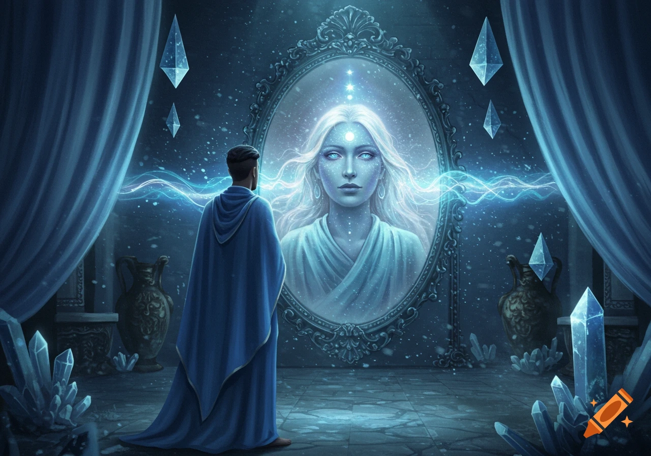 A cloaked man faces an ornate mirror reflecting a luminous, ethereal woman with glowing eyes and magical energy in a dark, crystal-filled fantasy room.