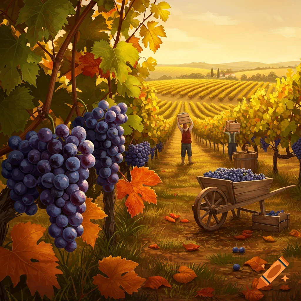 Vibrant vineyard scene with workers harvesting ripe purple grapes, a wooden cart overflowing, and autumn leaves.