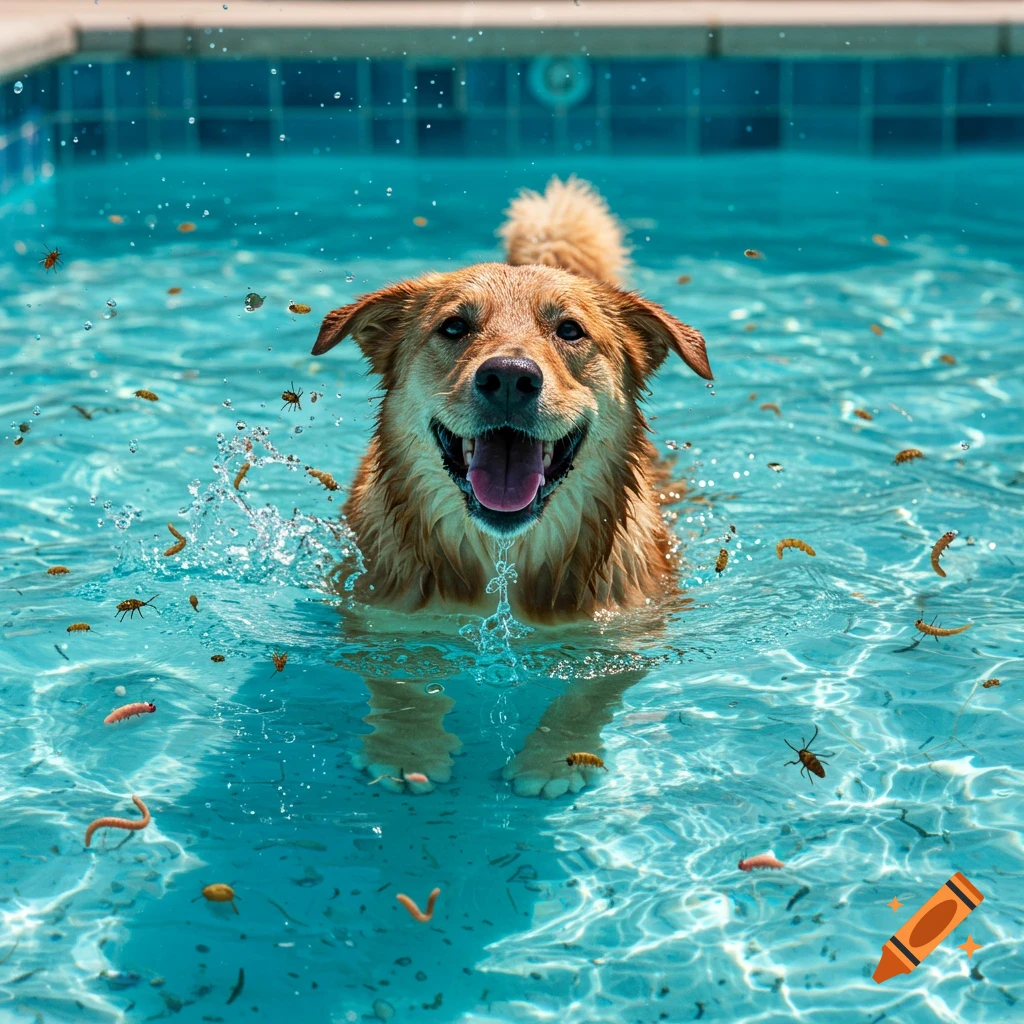 A happy golden-brown dog swims and splashes in a bright blue pool filled with various bugs and worms.