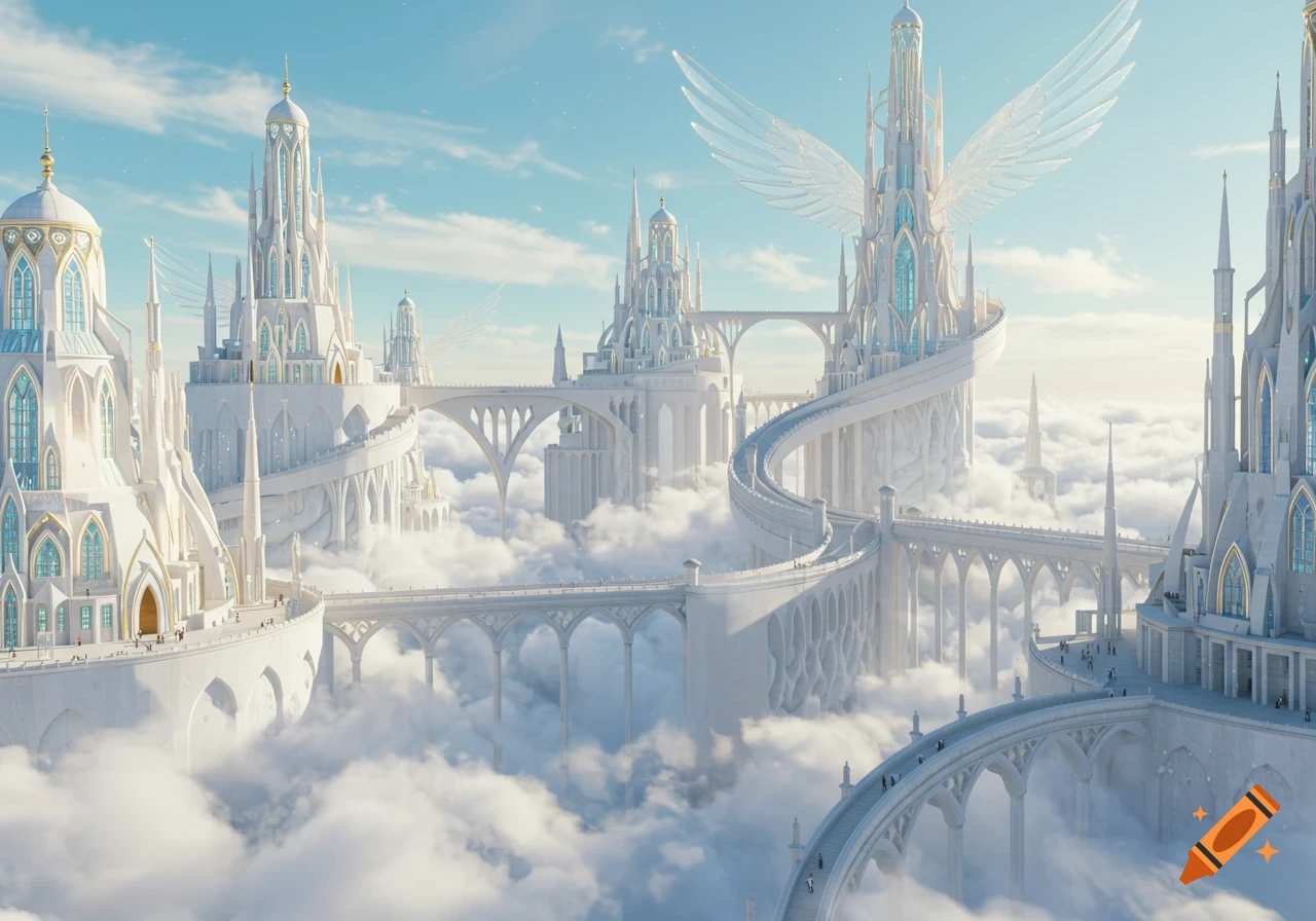 A sprawling white celestial city with spires, arches, and winding bridges nestled among white clouds under a clear blue sky.
