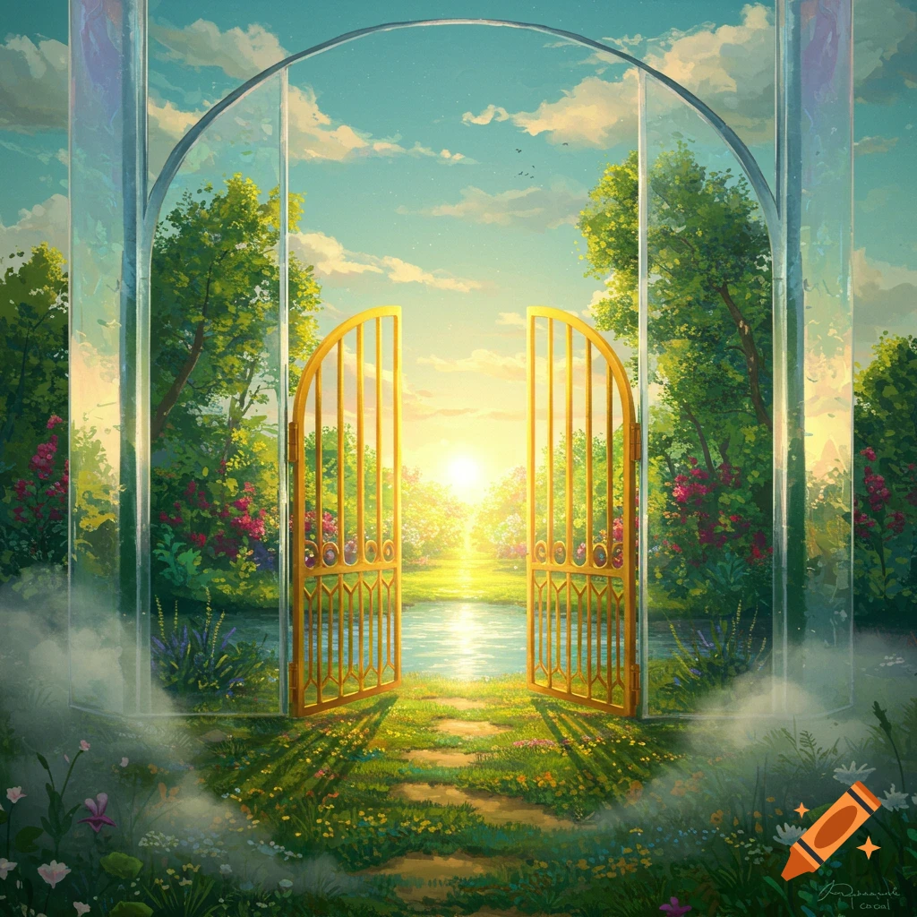 Open golden gates on a winding path in a vibrant, fantastical garden with a bright sunlit background and clear sky.