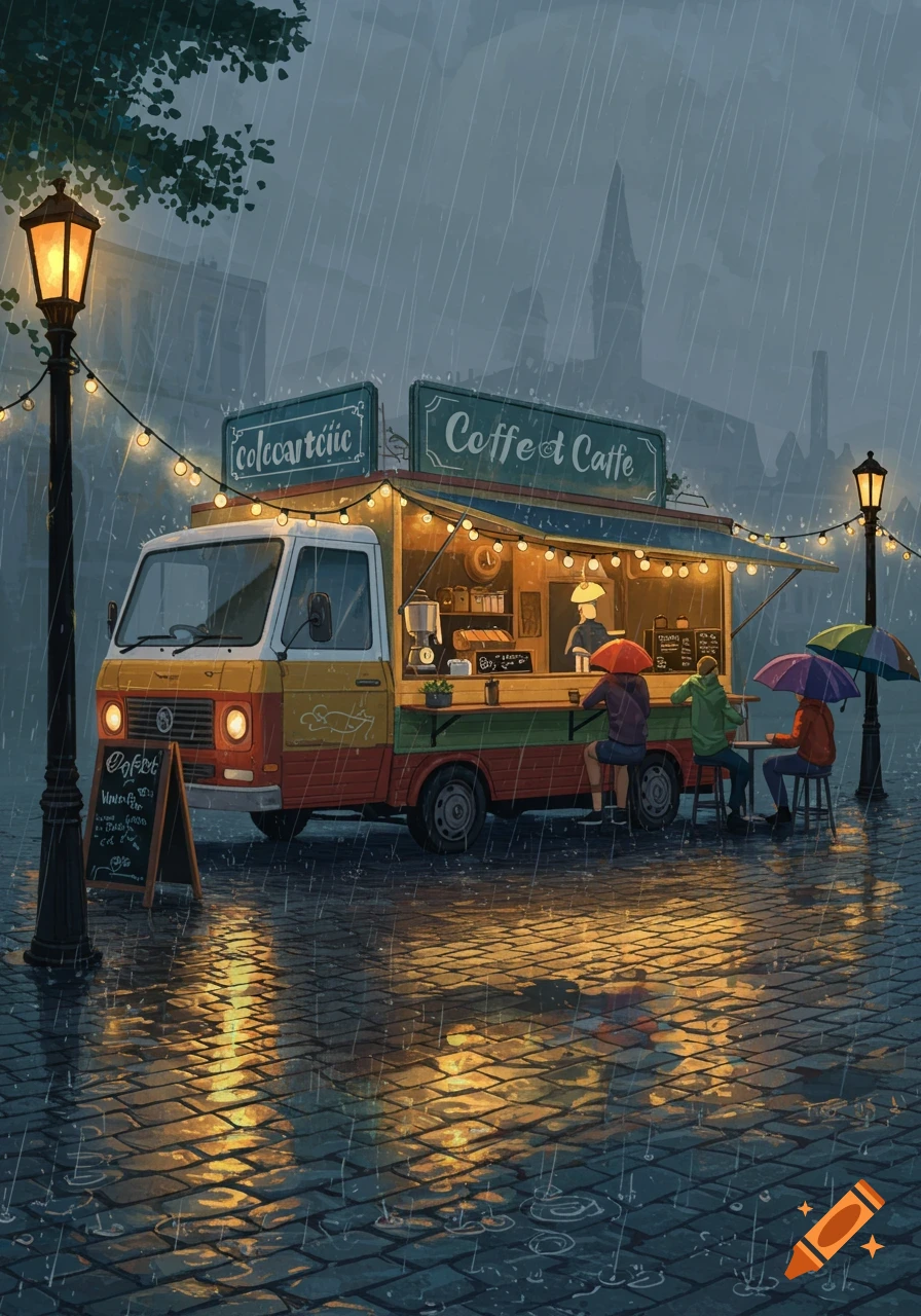 A detailed illustration of a coffee truck with customers under umbrellas in the rain, with glowing lights and reflections on wet cobblestones.